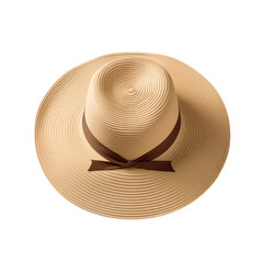 Foldable Wide Brim Straw Sun Hat for Women. Straw hat isolated on a transparent background, top view.