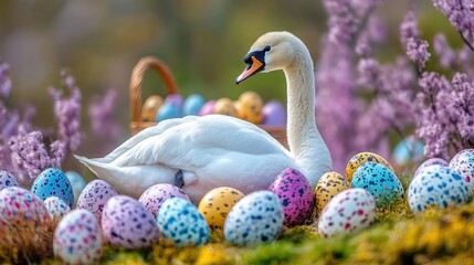Obraz premium Majestic swan surrounded by colorful easter eggs in springtime garden. Easter, Pascha, Paskha, Ostern, Pascua, Paques - Orthodox and Catholic Holiday celebration