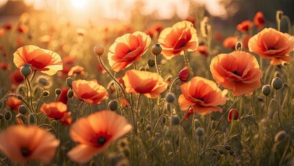"Vibrant Poppy Flowers in Bloom Against a Sunset Sky"