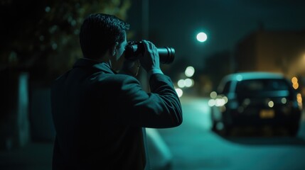 Detective observing a crime scene from a distance. Featuring investigation and observation