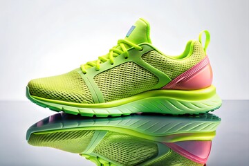 Neon Athletic Sneakers with Mesh Fabric and Rubber Soles, High-End Product Photography