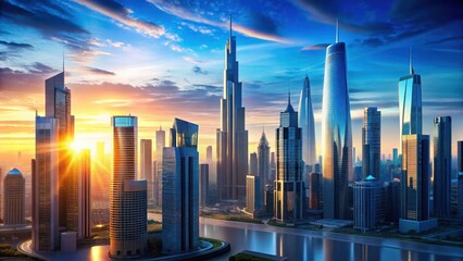 A futuristic cityscape at sunset with a blue gradient sky and sleek skyscrapers in the foreground , abstract, urban planning