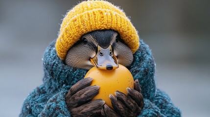 Obraz premium Duck wearing cozy knitted hat and sweater holding egg in winter scene. Easter, Pascha, Paskha, Ostern, Pascua, Paques - Orthodox and Catholic Holiday celebration