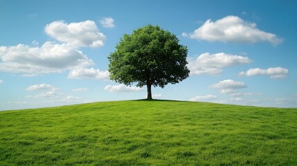 Serene green tree on grassy hill under a bright blue sky with fluffy white clouds scenic view