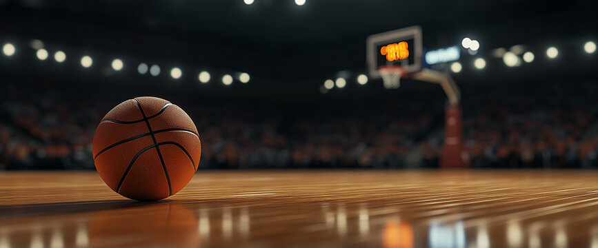A basketball on the wooden floor of an indoor court with a blurred background showing a basketball hoop, representing an exciting game or match in a sports arena.