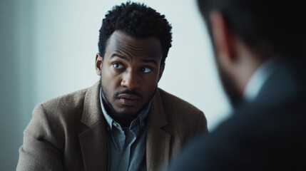 Detective observing a witness's behavior during questioning. Featuring scrutiny and investigation