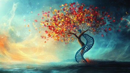 Fototapeta premium DNA tree growing bright leaves in landscape.