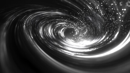 Abstract swirling vortex with glittering particles, dark grey and white tones.