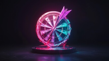 Under a futuristic glow, a dartboard with neon lights features a dart that has hit the bullseye with precision