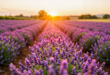 Obraz premium Blooming lavender field at sunset, tranquil rural beauty