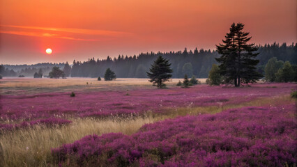 vibrant sunset over purple flower field with trees in background