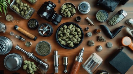 Cannabis paraphernalia and buds on wood.