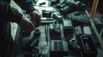 Detective preparing for a stakeout, checking equipment. Featuring surveillance and focus