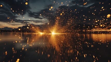 Naklejka premium Sparkling Sparks Over Lake at Sunset