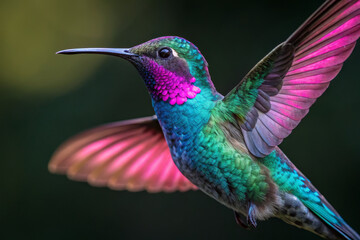 Fototapeta premium vibrant hummingbird with iridescent feathers in flight, showcasing its colorful plumage
