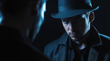 Detective questioning a suspect in a dark room. Featuring interrogation and intensity