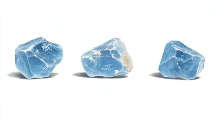 Fototapeta premium Three Blue Celestine Mineral Cubes in a Row on a White Background in Studio Lighting