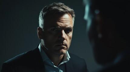 Fototapeta premium Detective questioning a suspect in an interrogation room. Featuring investigation and tension