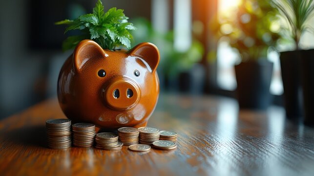 A piggy bank beside a savings tracker showing steady growth, with coins scattered on the table, symbolizing financial progress and smart saving habits.