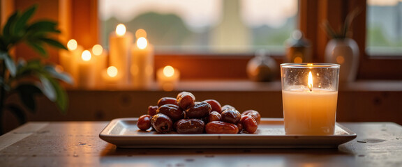 Traditional Iftar meal with dates and candlelight in serene setting, Ramadan