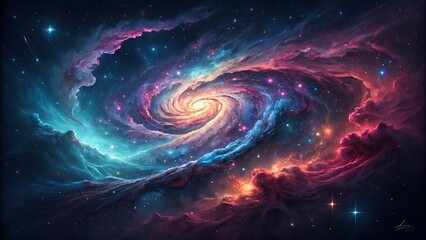 Naklejka premium Space Nebula with Deep Black and Bright Cosmic Colors vast and breathtaking celestial scene where a glowing space nebula swirls amidst the darkness of deep space. 