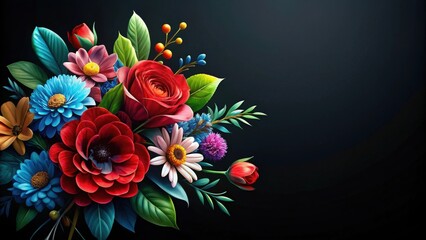 Obraz premium Vibrant Floral Arrangement A Luxurious Bouquet of Red, Blue, and Pink Blossoms Against a Dark Background, Ideal for Elegant Designs and Decorative Purposes