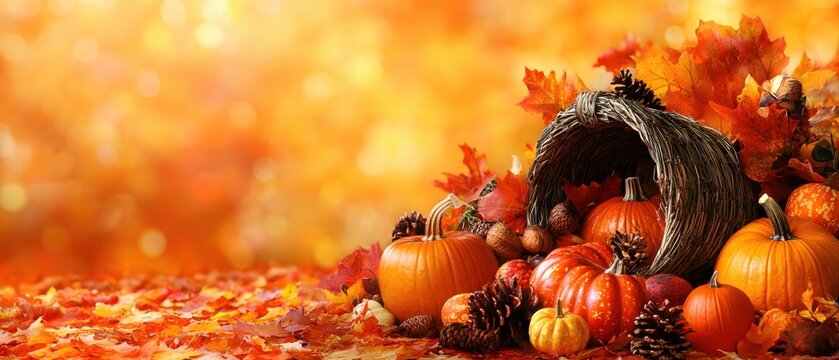 Abundant autumn harvest display of pumpkins gourds pine cones and colorful leaves background