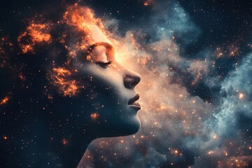 Ethereal Beauty A Woman's Profile Merges with the Cosmic Nebula of Stars and Fiery Clouds