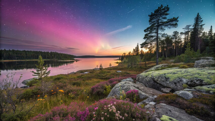 serene landscape featuring lake, vibrant aurora, and lush vegetation