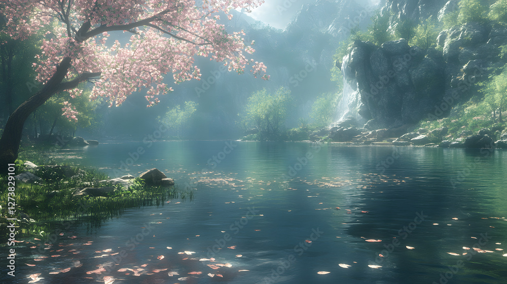 Aufkleber serene landscape with a tranquil river and blooming trees in soft light