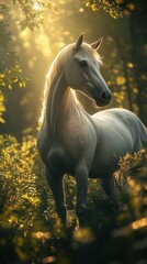 Majestic white horse stands gracefully in a sunlit forest at golden hour, highlighting its serene beauty and gentle nature