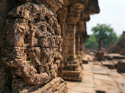 Beautiful carvings adorn the walls of the Sun God temple, also known as the Konark temple in Konorak, India