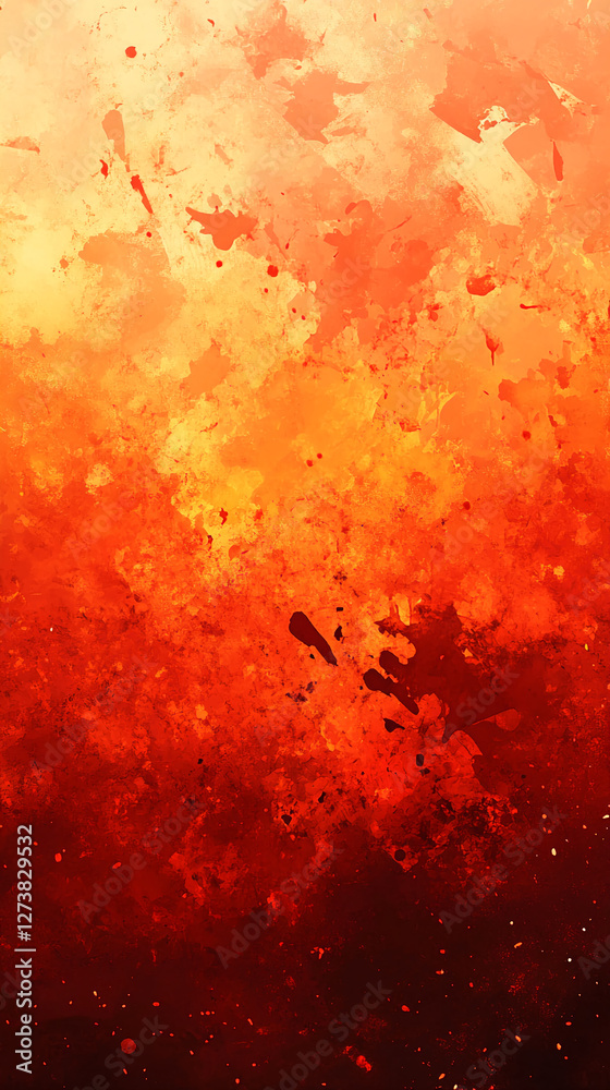 Poster abstract colorful digital art featuring vibrant splashes of orange and red on a dark background, sym