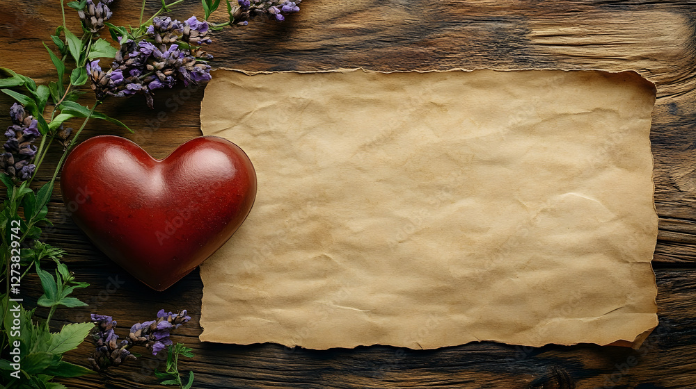 Aufkleber Rustic background with a heart and blank parchment for notes or messages