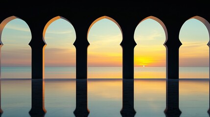 Fototapeta premium Serene Sunset Through Arched Window Frames Over Tranquil Water