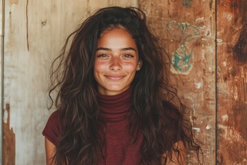 Fototapeta premium A young African American woman with straight dark hair is photographed in a close up shot, looking happy and joyful as she poses against a blank studio wall with available space for text
