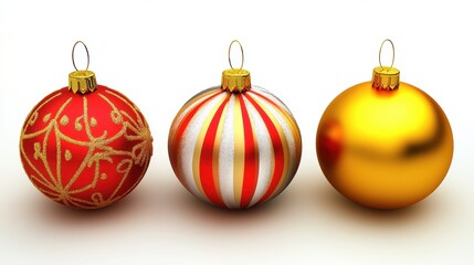 Three Christmas Ornaments with Red Gold and White Colors on a White Background