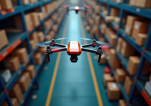 Drone operates in a warehouse for inventory management and logistics