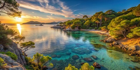 Secluded cove on Porquerolles Island at sunset with crystal clear waters and lush greenery surrounding it, peaceful