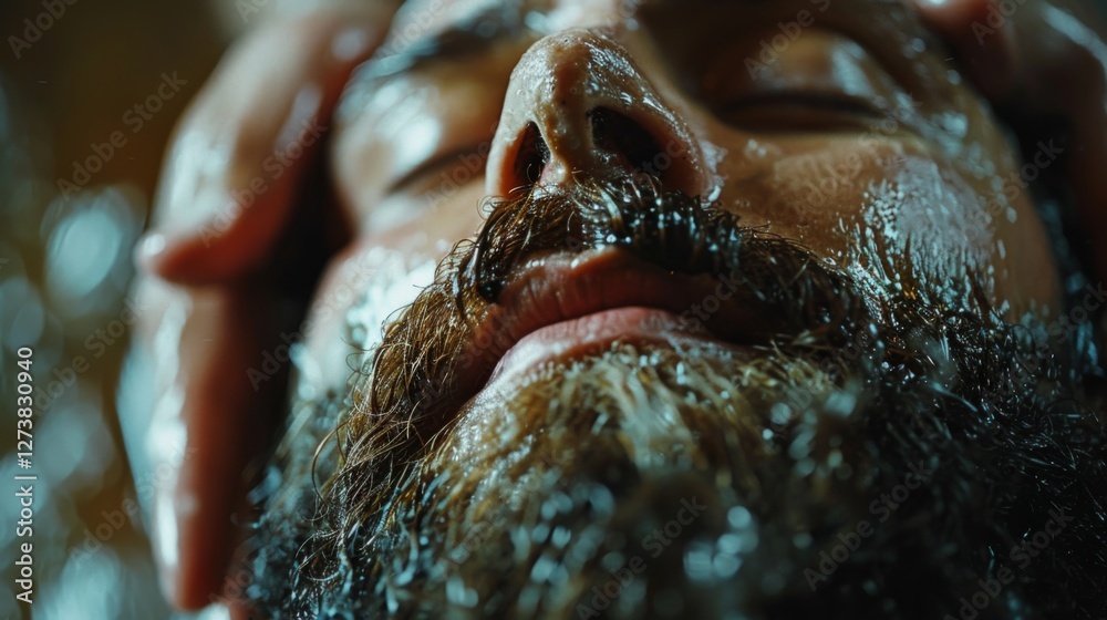 Poster a man is enjoying a calming spa treatment with water and oils applied to his face and beard, creatin
