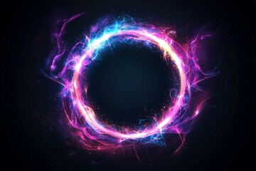 Obraz premium The background is a neon 3D illustration with swirling luminous effects, a spiral cover that glows, and an elegant black appearance, surrounded by a halo and isolated power, with particles that