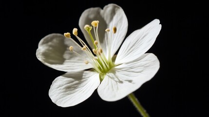 Close-up of a single white flower with yellow stamens against a black background.