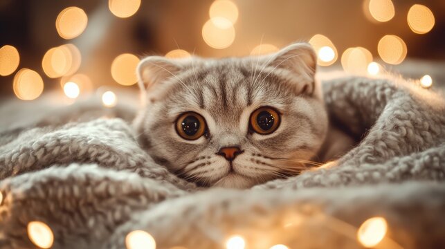 Cute Scottish Fold Kitten Relaxing on Fluffy Blanket with Lights