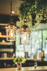 Obraz premium Lighting in a coffee shop, such as a ceiling light or lamp, is a home decoration design element