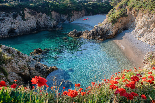 Photo of Isla de la pourtune in El Medelloir, Kingdoom evening with clear blue water and red flowers on the beach, landscape photo, beautiful view of small cove, bright sunny day.