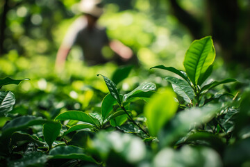 Obraz premium Photograph of a close-up view of tea leaves growing in the forest, with an out-of-focus person picking them from among other plants.