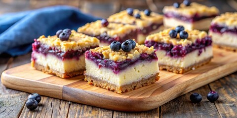 Golden brown crumble cheesecake bars with a sweet and tangy blueberry glaze sitting on a wooden cutting board , crumble cheesecake, kitchen