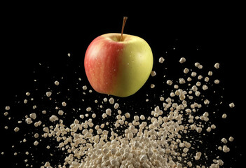 Close-up of explosion caused by falling apple against black background