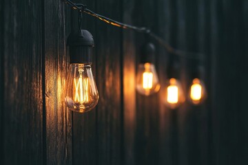 In the garden, numerous warm LED light bulbs are placed on a weathered wooden background, creating copyspace and embodying an outdoor lighting decoration theme