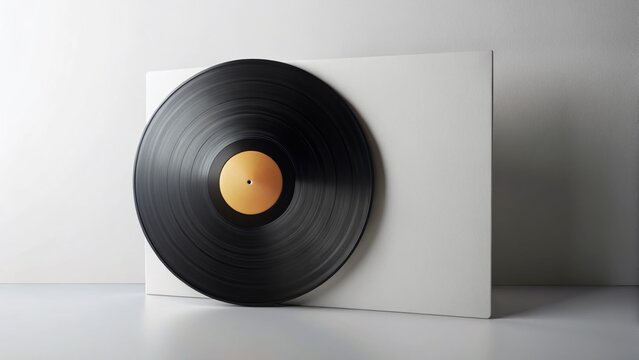 Realistic 3D Black Vinyl Record Mockup in White Paper Sleeve, Retro Design, Front View with Shadow, Rule of Thirds Composition